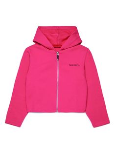 fuchsia pink cotton jersey texture logo print at the chest slouchy hood front zip fastening long sleeves straight hem Pink Cotton Hoodie With Logo Detail, Pink Hoodie With Logo For Winter, Casual Pink Hoodie With Logo Detail, Pink Winter Hoodie With Logo Detail, Pink Winter Hoodie With Logo, Pink Logo Print Hoodie For Spring, Pink Cotton Sweatshirt With Logo Detail, Pink Logo Detail Sweatshirt For Spring, Pink Logo Sweatshirt For Spring