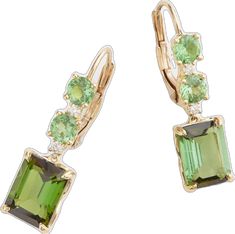 Yellow Gold Tsavorite Earrings Fine Jewelry, Yellow Gold Tsavorite Gemstone Earrings, Luxury Green Tourmaline Earrings, Luxury Multi-stone Tourmaline Earrings, Luxury Green Multi-stone Earrings, Diamond Drop Earrings, Diamond Drops, Green Tourmaline, Tourmaline