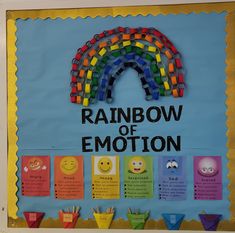 the rainbow of emotion bulletin board is decorated with colorful paper and crayon shapes