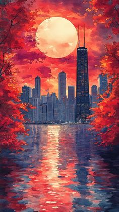 Chicago Skyline in Fall: Monet-Inspired Watercolor Art with Warm Hues Wallpapers Tablet, Fashion Gal, Chicago Art, Mesmerizing Beauty, Chicago Skyline, Chicago City, Famous Landmarks, Windy City, Vintage Souvenir