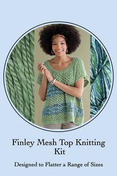 a woman standing in front of a green knitted sweater with the text, funky mesh top knitting kit designed to flatter a range of sizes