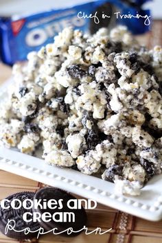 cookies and cream popcorn on a white plate