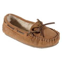 Minnetonka Moccasin Cassie Suede Slippers are modeled after the adult Cally slippers, so your little one can match with Mom or Big Sis. These leather moccasins from Minnetonka Moccasin have a luxurious pile lining that feels soft and absorbs moisture, and rawhide leather laces for a custom fit. Padded footbeds deliver all-day comfort and lightweight rubber outsoles offer traction indoors or outdoors. Minnetonka Moccasin Cassie Suede Slippers for toddlers or kids have a traditional moc toe for a Slippers For Toddlers, Slippers For Ladies, Slippers For Kids, Toddler Slippers, Moccasin Slippers, Shoes For Kids, Suede Slippers, Kids Slippers, Moccasins Slippers