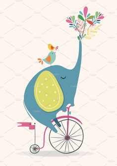 an elephant is riding on the back of a bike with flowers in its trunk and two birds