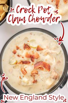 the crock pot clam chowder recipe is shown in three different pans