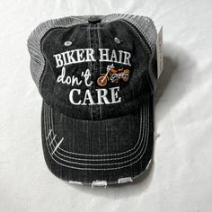 * Title: New “Biker Hair Don't Care” Distressed Ladies Trucker/Baseball Cap Katydid * Style Profile: Fearless, Carefree Woman Who Embraces The Biker Lifestyle With Confidence. She Enjoys Effortless Style With A Touch Of Rebellion And Isn't Afraid To Get A Little Messy While Enjoying The Open Road. This Cap Speaks To Her Bold, Adventurous Spirit, Adding A Playful And Feminine Edge To Her Look. She Values Comfort And Casual Fashion, Blending A Sense Of Humor With A Cool, Rugged Vibe, Making This C Biker Hair, Biker Lifestyle, Open Road, Sense Of Humor, Style Profile, Effortless Style, Hats For Women, Blending, Baseball Cap