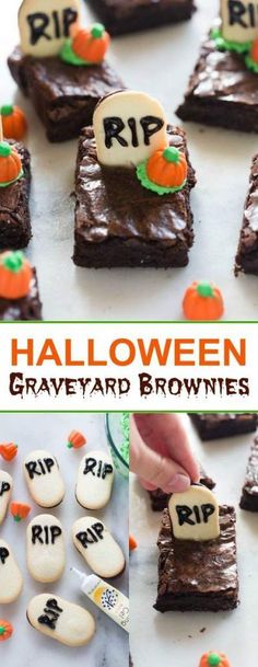 halloween graveyard brownies are decorated with chocolate frosting