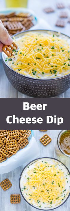 beer cheese dip with pretzels and crackers