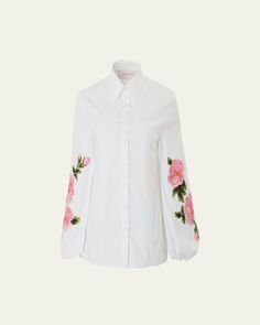 Carolina Herrera blouse with floral embroidery    Point collar; button front    Long Sleeves; button cuffs    Relaxed fit    Back yoke    Cotton/polyurethane    Imported Designer Embroidered Collared Tops, Formal Fitted Tops With Embroidered Cuffs, Designer Button-up Tops For Spring, Elegant Blouse With Embroidered Cuffs, Designer Embroidered Shirt For Spring, Designer Spring Shirt With Button Cuffs, Feminine Blouse With Floral Embroidery For Daywear, Elegant Fitted Tops With Embroidered Cuffs, Feminine Floral Embroidery Blouse For Daywear