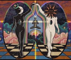 two people standing in front of an image of the sun and moon with their hands together