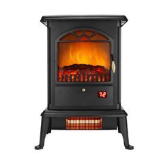 an electric stove with the door open and fire burning in it's side burner