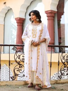 Nura White Embroidered Georgette Kurta Set (Set of 4) By Gulabo Jaipur now available at Trendroots Lace Kurta, Gotta Patti Work, Suits Usa, Georgette Kurta, Golden Lace, Gotta Patti, Georgette Dupatta, White Kurta, Anarkali Kurta