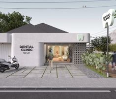 an artist's rendering of a dental clinic with motorcycles parked in the front yard