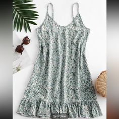 Adjustable Straps 95 Polyester 5 Spandex Sea Blue With Floral Plunge Bodycon Dress, Lace Beach Dress, Leaf Skirt, Flounce Hem Dress, Cute Casual Dresses, Blue Lily, Ditsy Print, Dresses Casual Fall, Lace Bodycon Dress