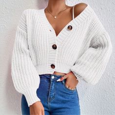 Cozy Cable Knit Button Oversized Cropped Cardigan Xs S M L, 100% Acrylic, Ships In 7-8 Days Sweaters With Buttons, Crop Button Up Sweater Outfit, Beachy Winter Outfits, Preppy Business, Exaggerated Collar, Bride Lingerie, Peplum Shirt, Drop Shoulder Cardigan, Teacher Clothes