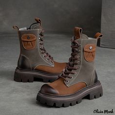 Olivia Mark - Stylish Chunky High-top Motorcycle Boots with Color Collision Retro Tube Design Leather Combat Boots Women, Short Ankle Boots, Dr Shoes, Winter Heels, Retro Motorcycle, Female Shorts, Coffee Color, Leather Boots Women, Pointed Toe Shoes