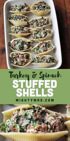 turkey and spinach stuffed shells in a casserole dish with text overlay