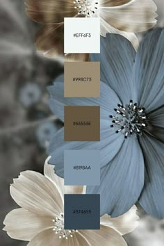 the color scheme is blue, brown, and white with some flowers in front of it