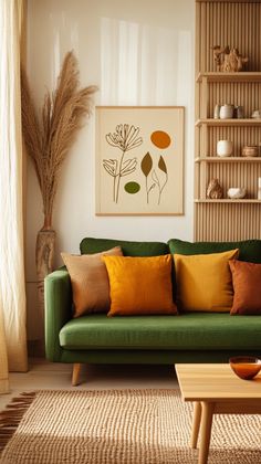 a living room with a green couch and brown pillows