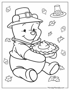 a coloring page with a teddy bear holding a basket full of leaves and an autumn hat