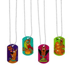 four cartoon dog tags hanging from a ball chain