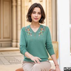 Fisdy - Embroidered Long Sleeve Base Shirt - Lightweight Casual Wear Women, Wear Green, Base Layer, Green Color, Green Colors, Short Sleeves Tops, Casual Wear, Sleeve Blouse, Long Sleeve Tops