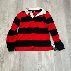 Nwt Long Sleeve Shirt Striped Red And Black With White Collar Never Been Worn Size M $15 Comment With Questions And Make Offers! Check Out My Other Kids Clothes! Red School Spirit Tops For School, Red Winter Top For School, Sporty Red Tops For School, Red Tops With School Spirit For Fall, Long Sleeve Tops With School Spirit, Red School Spirit Tops For Fall, Long Sleeve School Spirit Tops, Red Crew Neck Top For School, Long Sleeve Tops For School Spirit