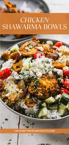 Easy Chicken Shawarma Bowls recipe for hot weather dinner ideas, summer chicken recipes, and protein-packed meals. Paleo Chicken Shawarma, Shawarma Chicken Bowls, Shawarma Bowls Recipe, Asian Dinners Easy, Schwarma Chicken Bowls, Chicken Schwarma Crockpot Shawarma, Crockpot Chicken Shawarma, Swarma Chicken Marinade Recipe, Greek Chicken Bowls Meal Prep