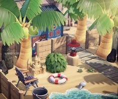 an animated image of a beach with palm trees and life preservers on the sand