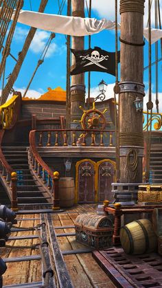 an animated pirate ship with lots of barrels and other items in the foreground,