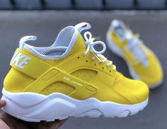 Custom Yellow and White Nike Ultra Huaraches. This price includes purchasing the sneakers. All Adult sizes are for both Men and Women. All prices are USD. Color Shade of shoe may vary on screen versus in person and under different lighting. All shoes are Made to Order and turnaround for completion is 4-6 weeks per shoe. Purple Shoes Outfit, Sneakers Jordans, Yellow Nikes, Kicks Shoes, Shoes Sneakers Jordans, Huarache Run, Nike Shoes Air Max, Cute Sneakers, Purple Shoes