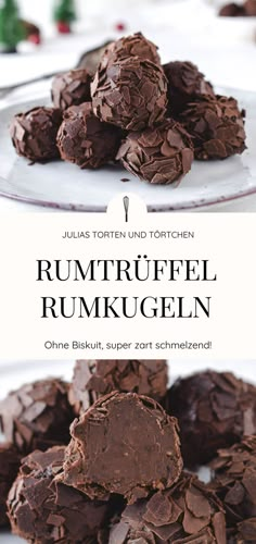 chocolate truffle rumkrugelen on a white plate with text overlay