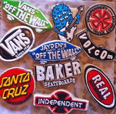 various types of stickers on a piece of paper that says, jayden's off the wall baker skateboards