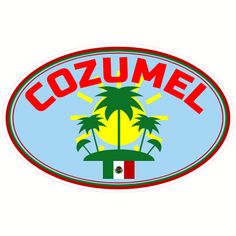 the cozumel logo is shown in red, green and blue with palm trees