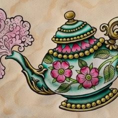 a painting of a teapot with flowers painted on it's side and an ornamental design in the middle