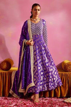 Purple banarasi anarkali with floral woven pattern and sequins embroidered yoke and sleeves. Comes with churidar and a mirror work dupatta. - Aza Fashions Banarasi Anarkali, Mirror Work Dupatta, Purple Anarkali, Woven Pattern, Anarkali Suits, Mirror Work, Churidar, Designer Gowns, Pink Outfit