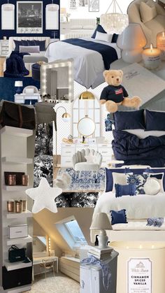 a collage of blue and white bedding with teddy bear in the middle, candles on top