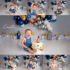 a baby sitting in front of a birthday cake