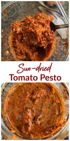 sun dried tomato pesto in a glass bowl with spoons on the side and title above it