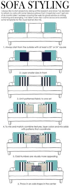 the instructions for how to make sofas with different types of cushions and pillows on them