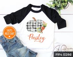 "Our Award-Winning PintSized© threads are 100% designed, printed, pressed and shipped (next business day!) to you from our Upstate New York boutique. ** Quick Sizing Tip ** Onesies are printed on Gerber brand. The NATURAL color runs true to size, but WHITE tends to run small so we recommend sizing up if you are on the fence. Toddler and youth shirts are true to size. 📋 HOW TO ORDER: ✧ Choose onesie® or shirt size (sizing chart below) and sleeve length ✧ Select design color if applicable ✧ For p White Custom Print Shirt For Fall, Pumpkin Onesie, Toddler Fall, White Onesie, White Long Sleeve Shirt, Pumpkin Shirt, Fall Baby, Color Run, Upstate New York