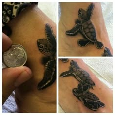 three pictures of different tattoos on someone's foot and one with a turtle on it