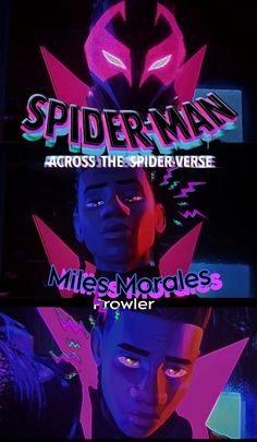 the title for spider man across the spiderverse, which features two faces and neon colors