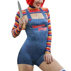 a woman with red hair and blue overalls holding a knife in her right hand