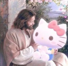 jesus holding a hello kitty stuffed animal in front of a painting with flowers and trees