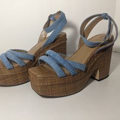 New Without Box (Very Minor Marks Or Scuffs May Exist From The Distributor Storing It With No Box) Womens Sam Edelman Platform Block Heeled Sandals Tibby Ankle Strap Fabric Upper / Man Made Balance Size 9.5m Color: Blue W/ Brown Silver Pumps Heels, Fabric Sandals, Black Patent Leather Shoes, Denim Heels, Mesh Heels, Criss Cross Sandals, Platform Block Heels, Black Pumps Heels, Satin Heels