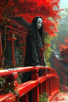 a woman with long black hair standing on a red bridge