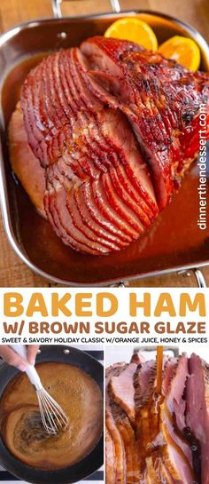 baked ham in a pan with oranges and sauce being poured on it to cook