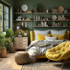 a bedroom with green walls and yellow furniture