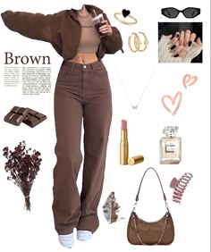 Brown Street Style Outfit, Brown Aesthetic Winter Outfit, Brown Aesthetic Dress Outfit, Outfits With Brown Pants Aesthetic, Brown Closet Aesthetic, Brown Tank Top Outfit Winter, Brown Minimalist Outfit, Chocolate Brown Monochromatic Outfit, Brown Collared Shirt Outfit